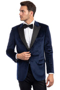 Navy velvet peak lapel tuxedo blazer front detail – TARLANO