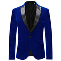 Model wearing blue velvet tuxedo blazer with satin lapel – TARLANO