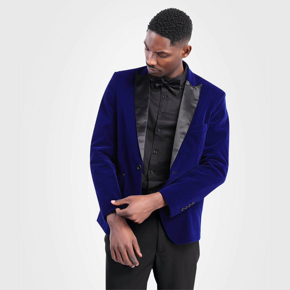 Mens Blazer Velvet Slim Fit Satin Peaked Lapel Blue – Nalvo