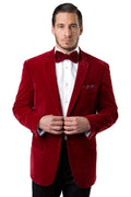 Close-up of velvet texture on two-button notch lapel blazer in red – TARLANO