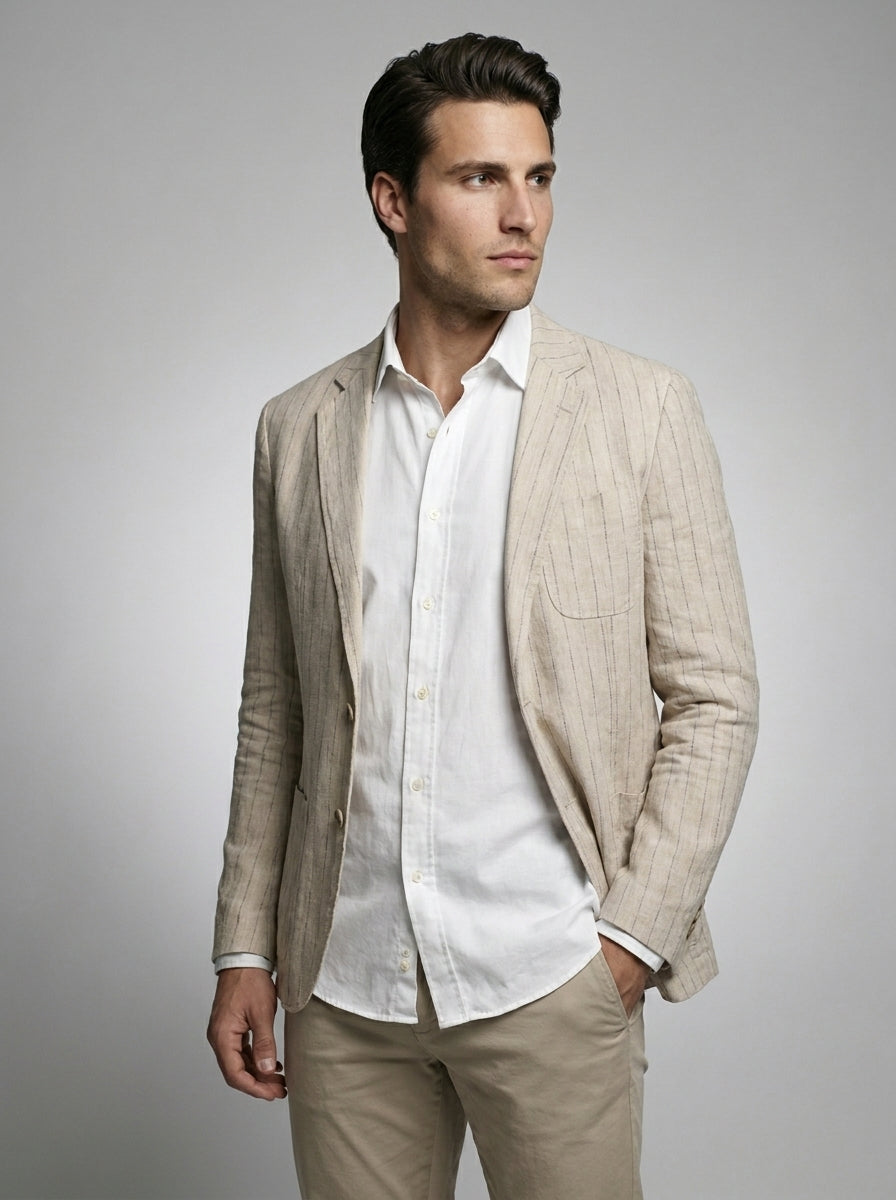 Mens Blazer Woven Stripe Linen Notch Lapel Unstructured – Narco
