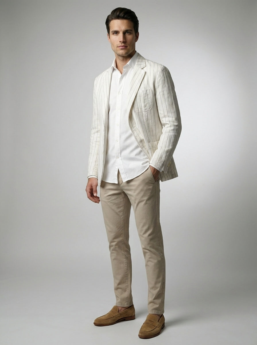 Model wearing woven stripe linen blazer in white – TARLANO