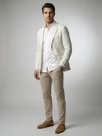 Model wearing woven stripe linen blazer in white – TARLANO
