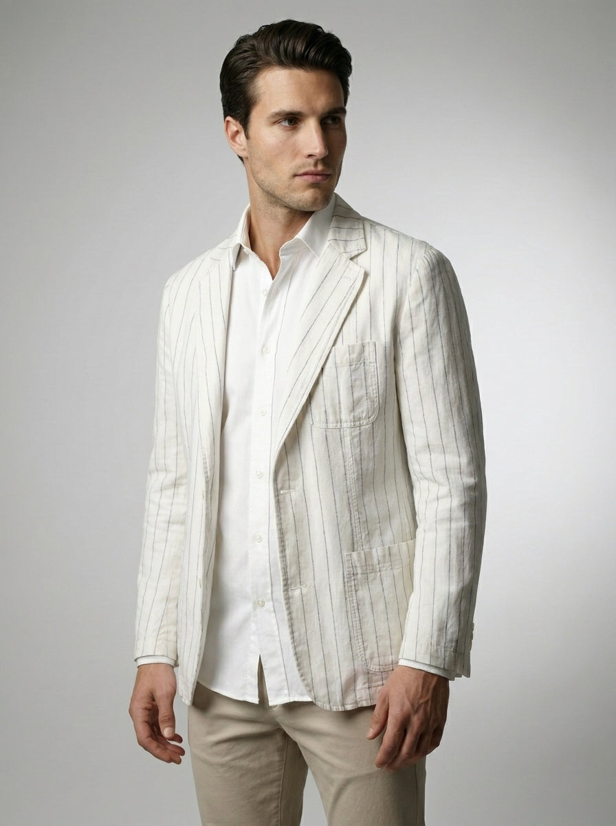 Mens Blazer Woven Stripe Linen Notch Lapel Unstructured – Narco