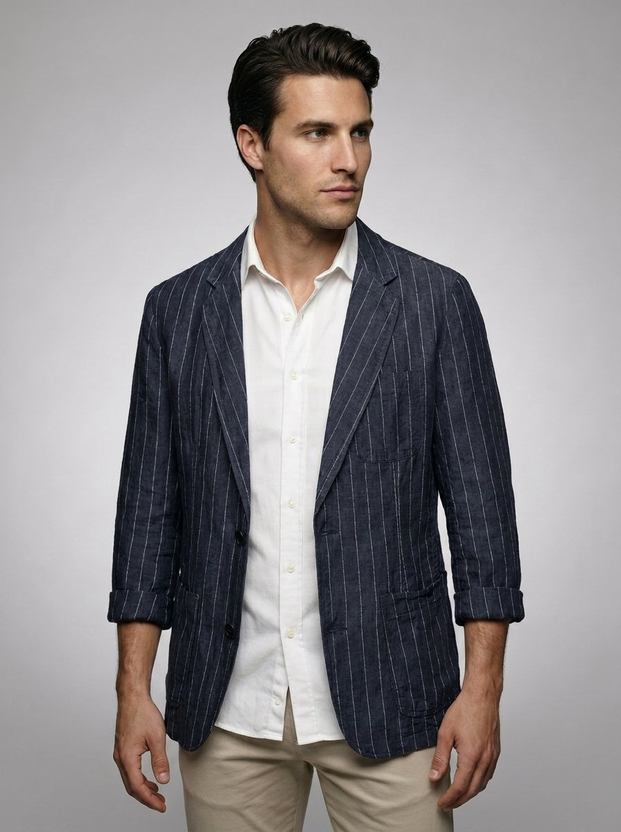 Mens Blazer Woven Stripe Linen Notch Lapel Unstructured – Narco