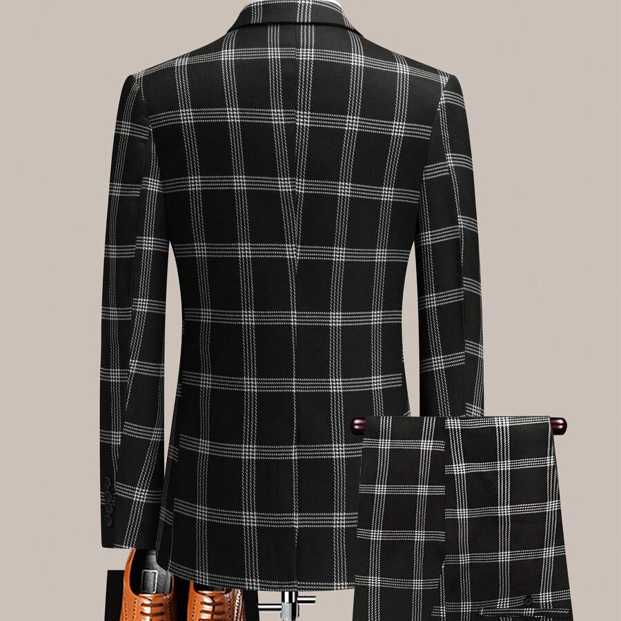 Model wearing slim-fit black grid blazer and trousers set – TARLANO