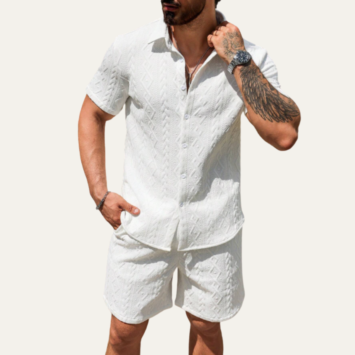 Mens Co Ord Set Knitted Camp Collar Shirt and Shorts – Dravex