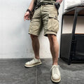 Close-up of snap cargo pocket on khaki cotton cargo shorts – TARLANO