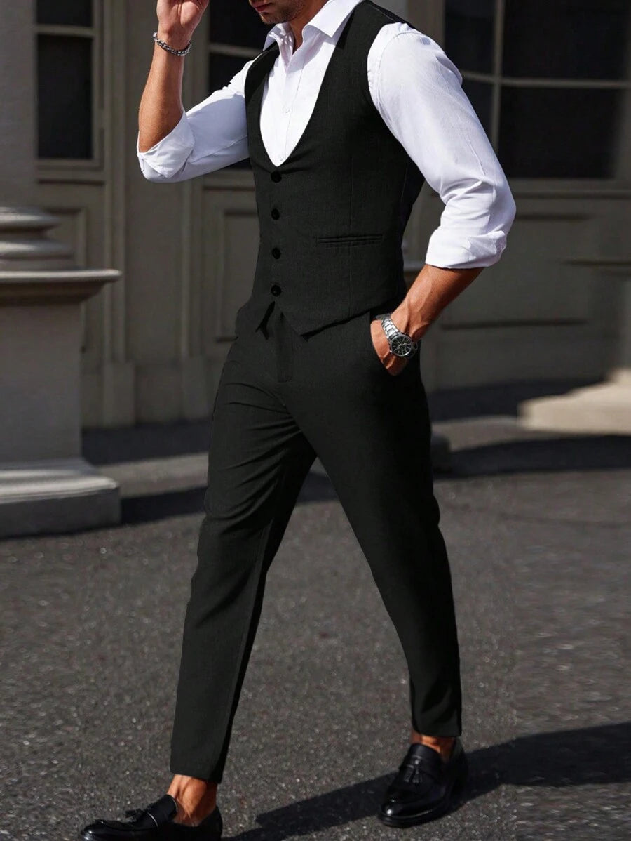 Mens Pant and Vest Set Woven Polyester V-Neck Sleeveless 2-Piece Formal – Galso