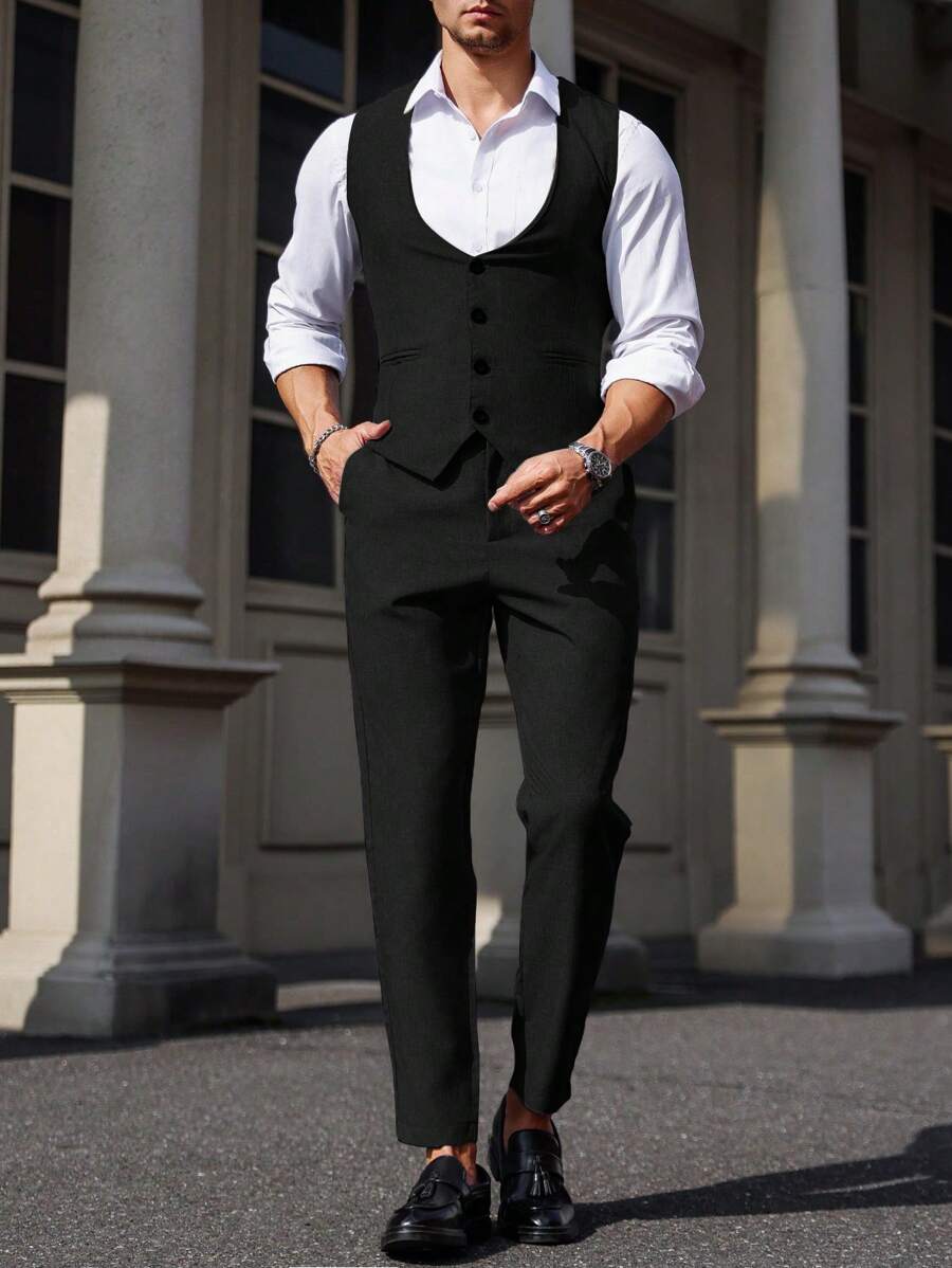 Mens Pant and Vest Set Woven Polyester V-Neck Sleeveless 2-Piece Formal – Galso