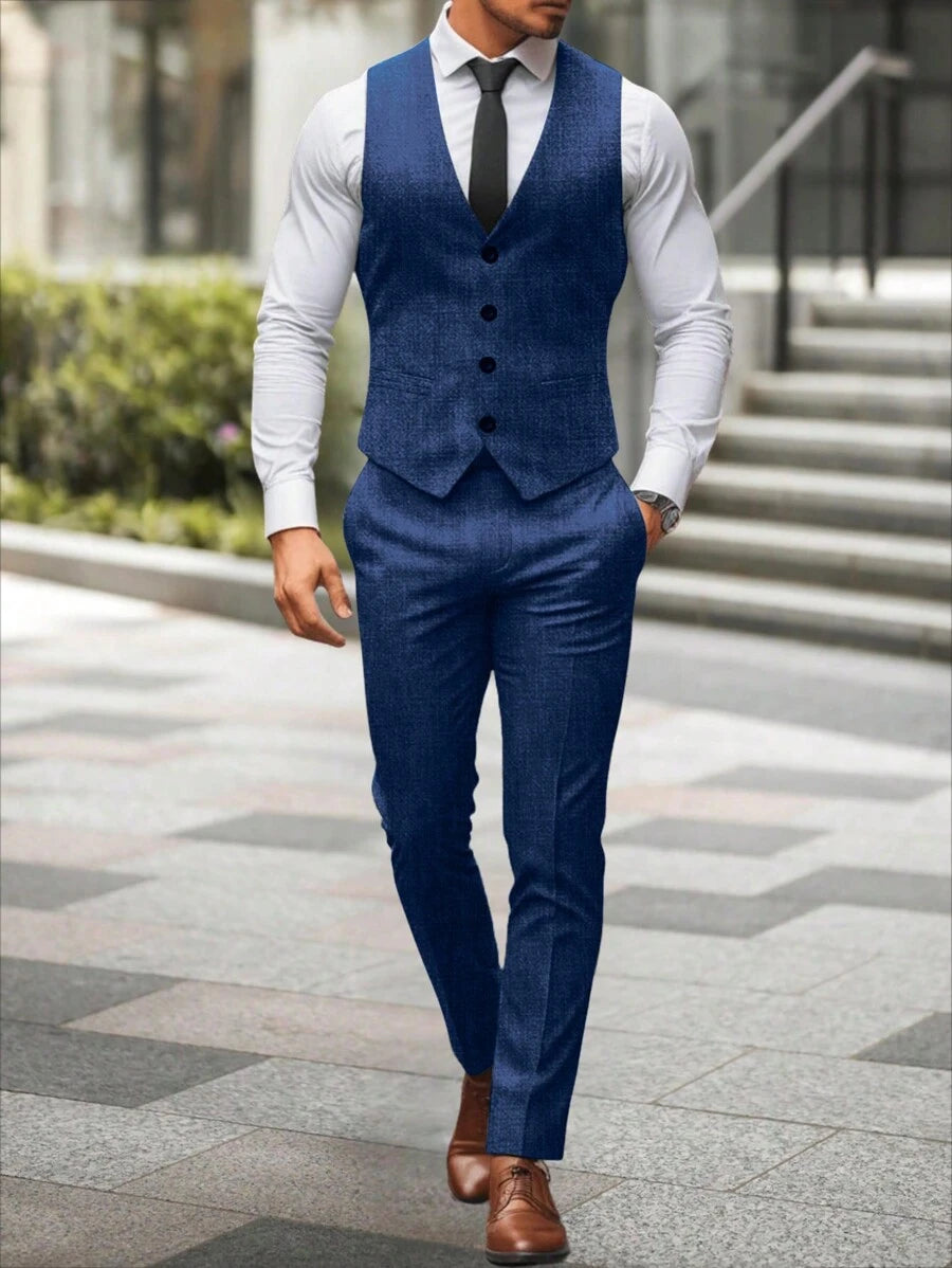 Mens Pant and Vest Set Woven Polyester V-Neck Sleeveless 2-Piece Formal – Galso