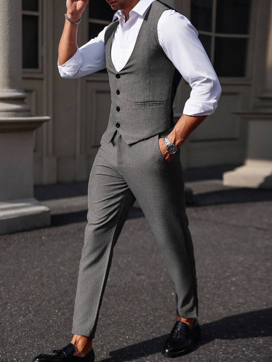 Mens Pant and Vest Set Woven Polyester V-Neck Sleeveless 2-Piece Formal – Galso