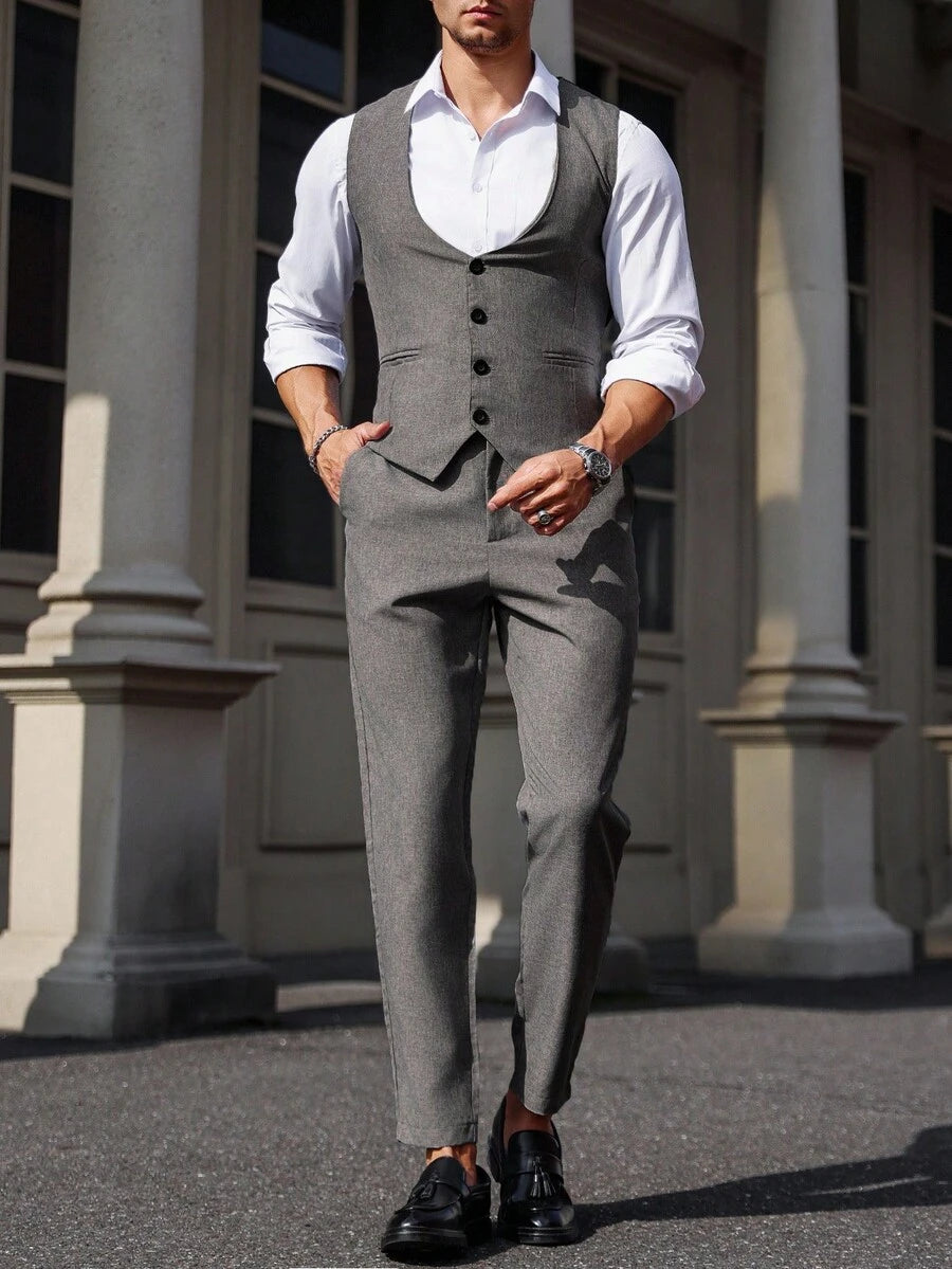 Mens Pant and Vest Set Woven Polyester V-Neck Sleeveless 2-Piece Formal – Galso