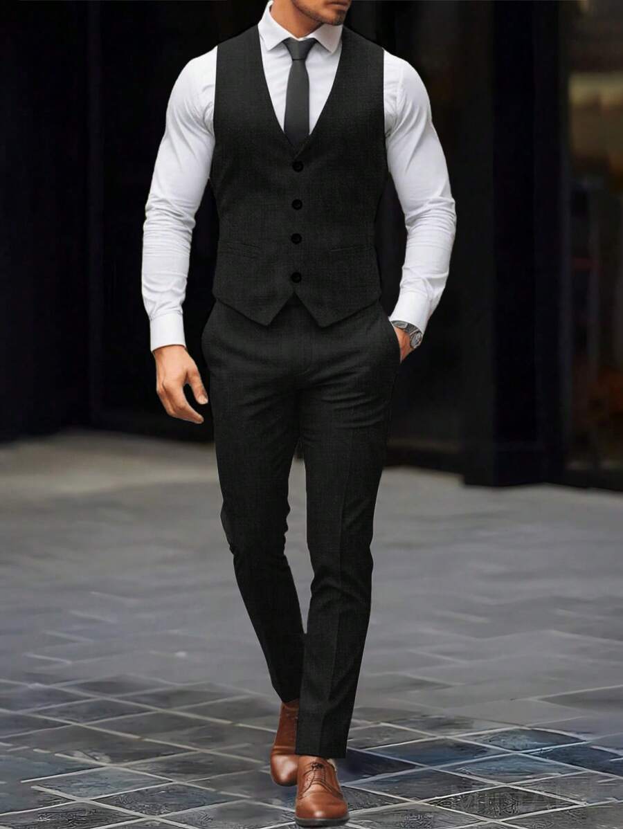 Mens Pant and Vest Set Woven Polyester V-Neck Sleeveless 2-Piece Formal – Galso