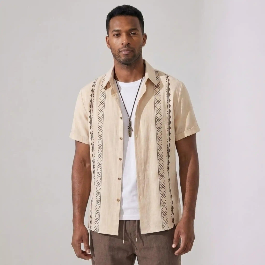 Mens Pant & Geometric Print Shirt Set Linen Blend Cropped Beige – Saxo