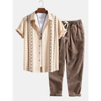 Mens Pant & Geometric Print Shirt Set Linen Blend Cropped Beige – Saxo