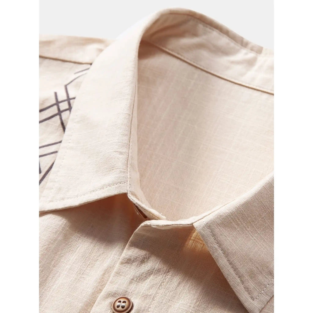 Mens Pant & Geometric Print Shirt Set Linen Blend Cropped Beige – Saxo