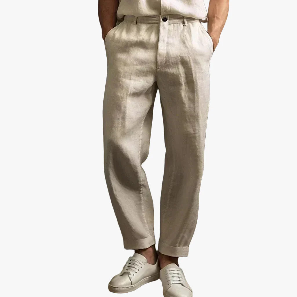 Close-up of linen-blend tapered pants in beige – TARLANO