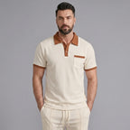 Waffle knit 2-piece polo and straight-leg pant set in khaki – TARLANO