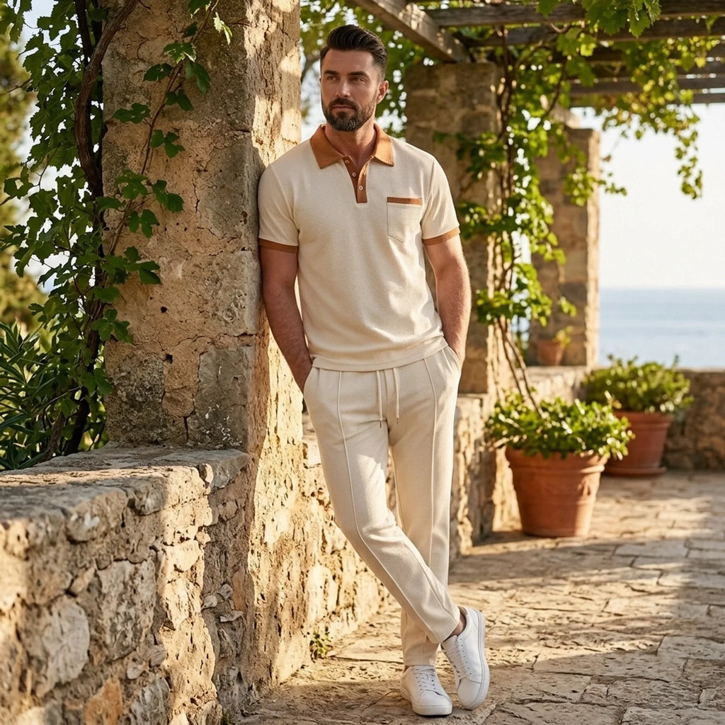 Mens Pant & Polo Waffle Knit 2-Piece Set Straight Leg – Borten
