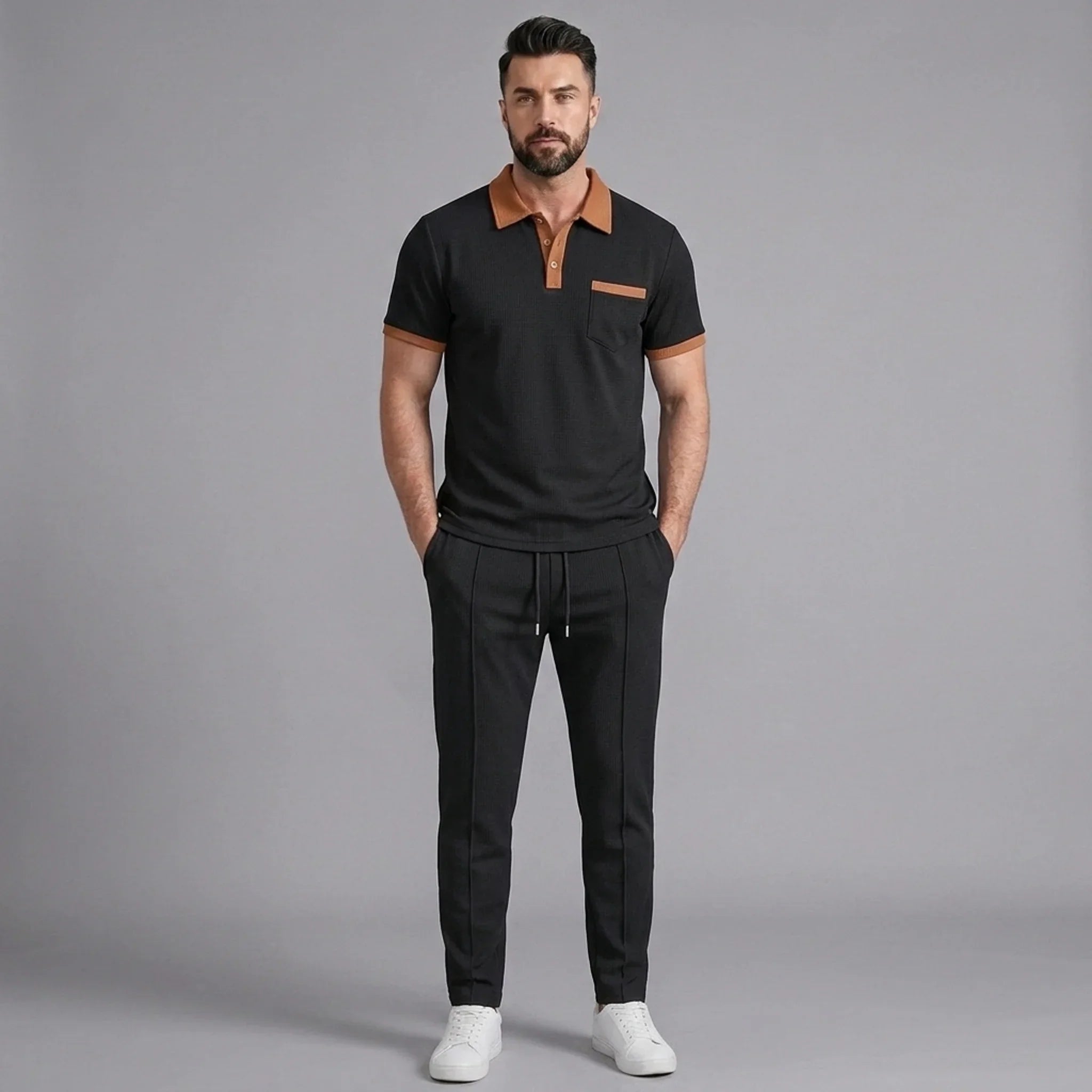 Mens Pant & Polo Waffle Knit 2-Piece Set Straight Leg – Borten