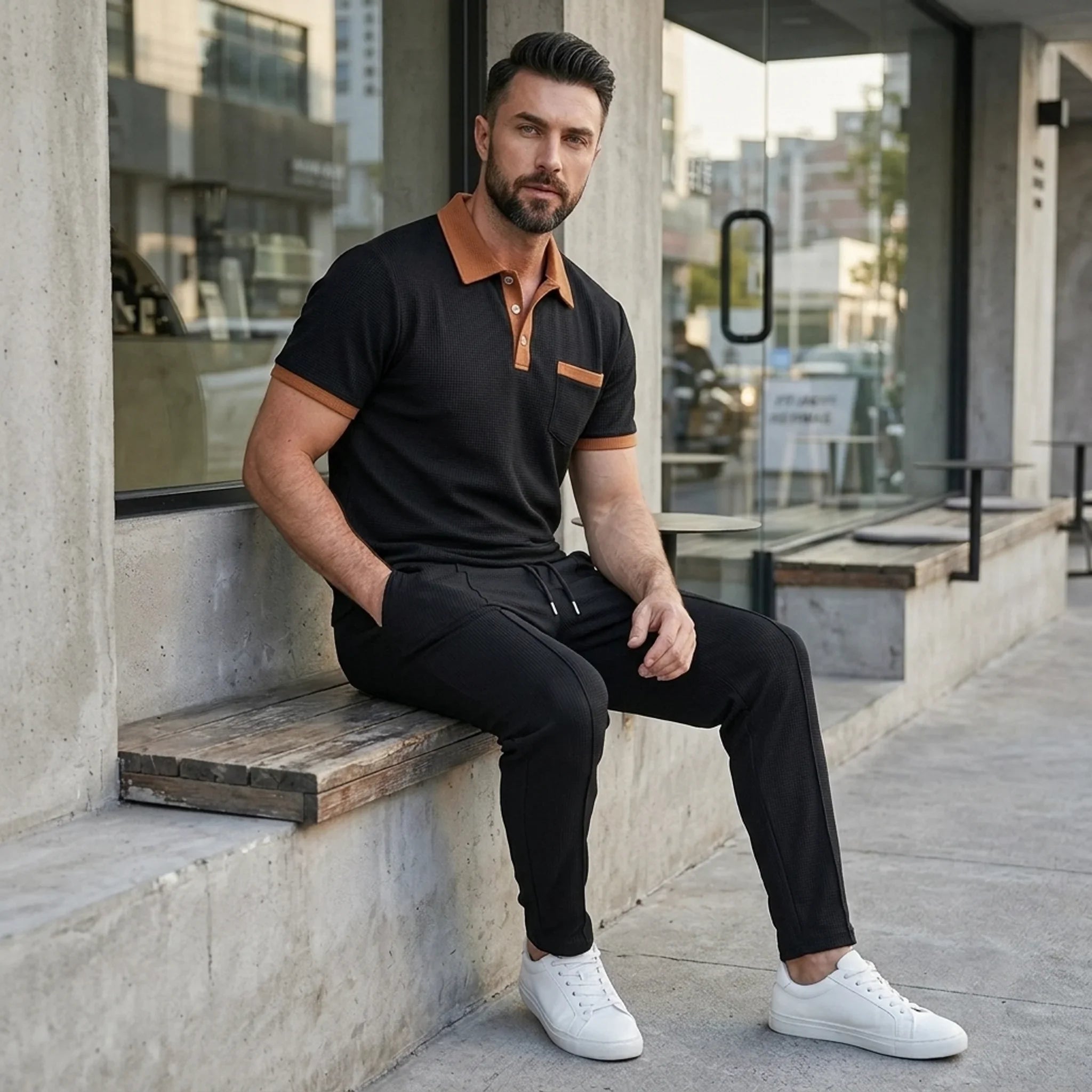 Mens Pant & Polo Waffle Knit 2-Piece Set Straight Leg – Borten