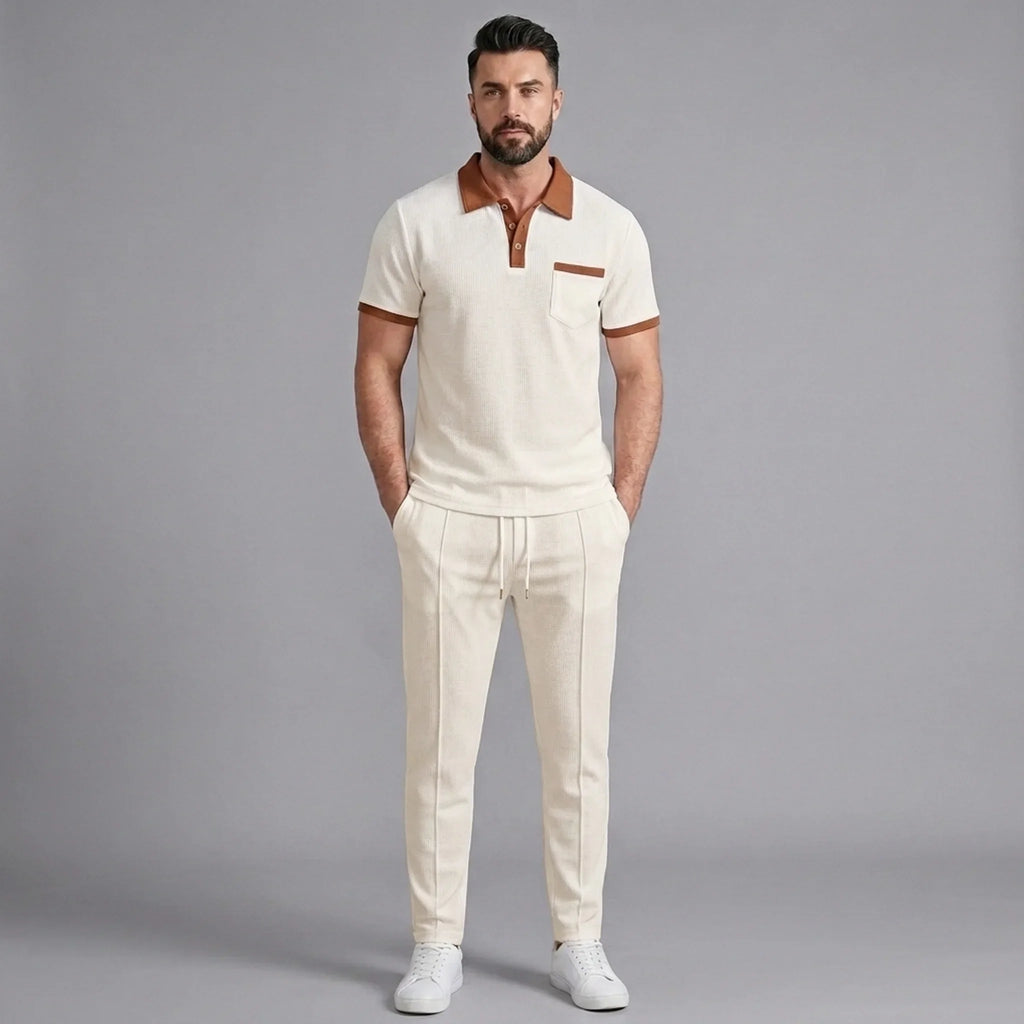 Model wearing waffle knit polo and straight-leg pants in khaki – TARLANO