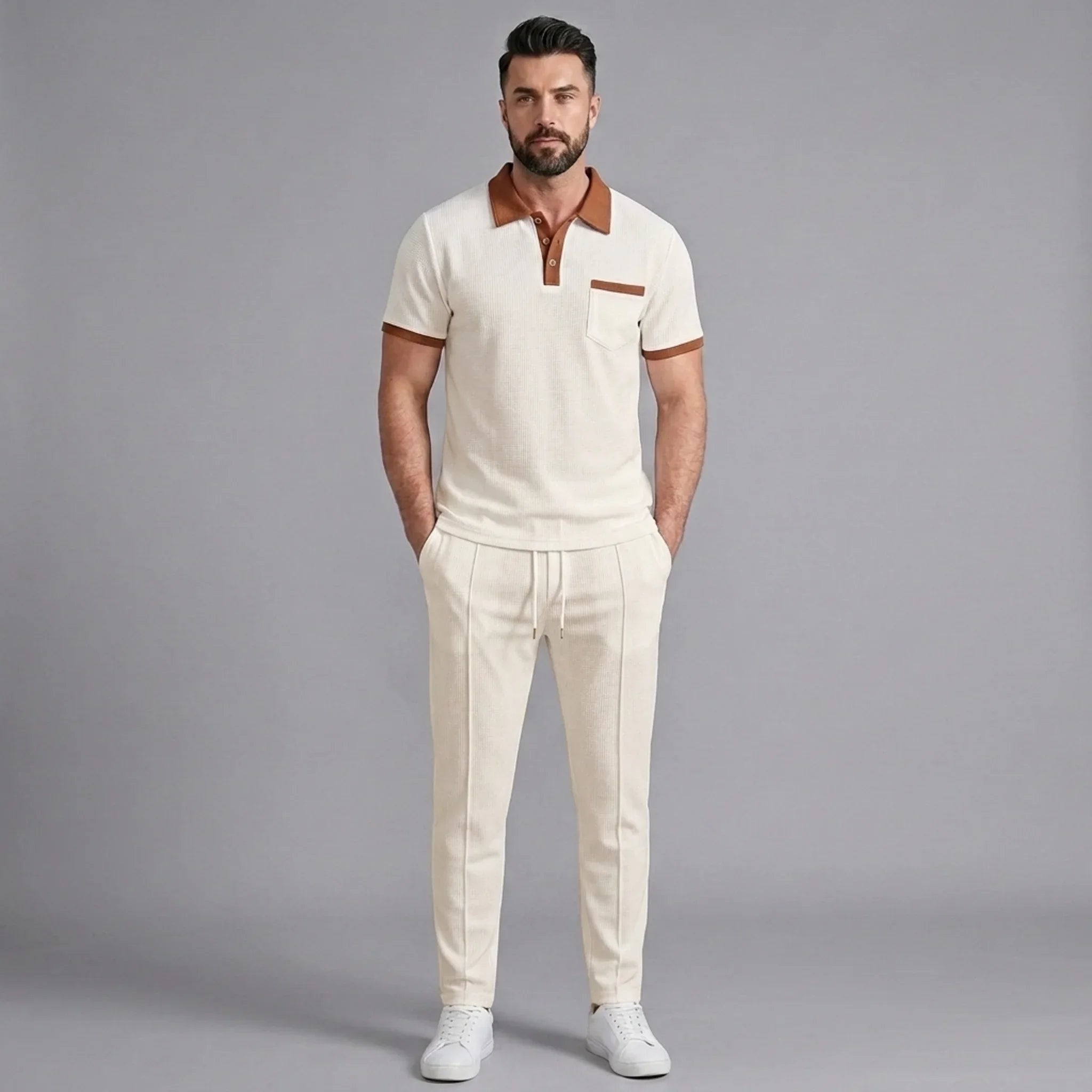 Model wearing waffle knit polo and straight-leg pants in khaki – TARLANO
