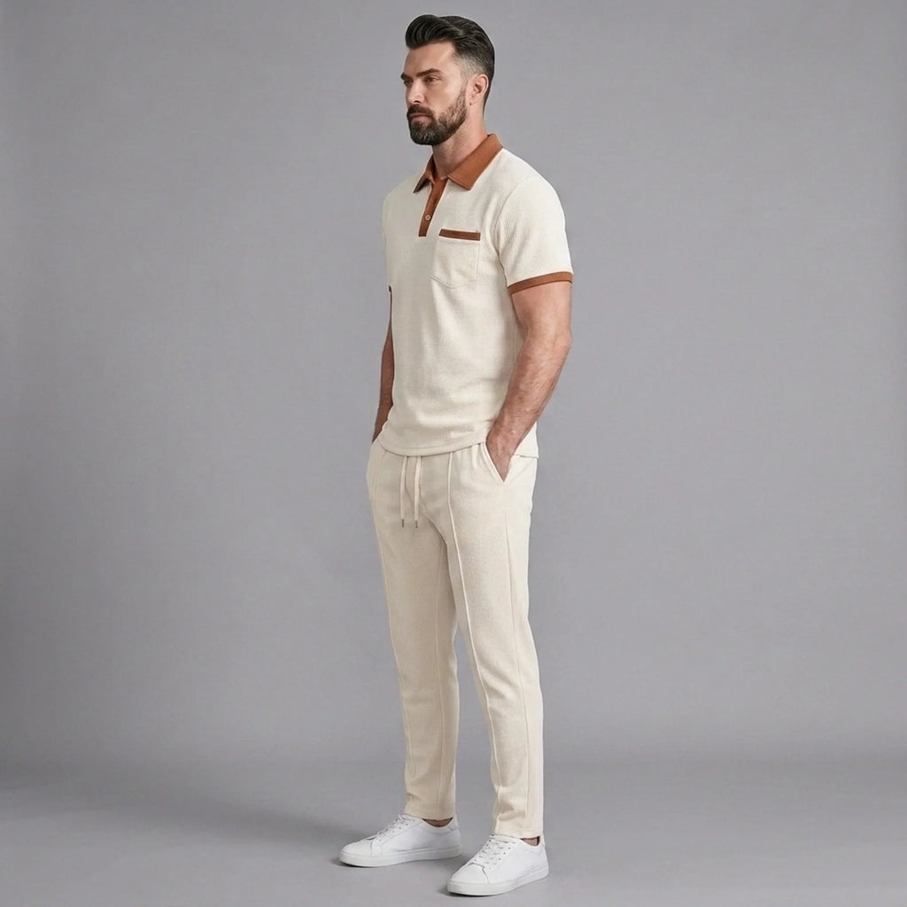 Mens Pant & Polo Waffle Knit 2-Piece Set Straight Leg – Borten