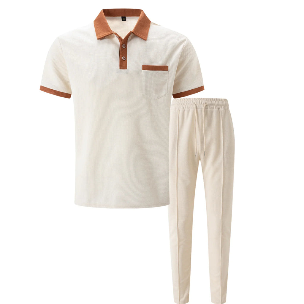 Mens Pant & Polo Waffle Knit 2-Piece Set Straight Leg – Borten