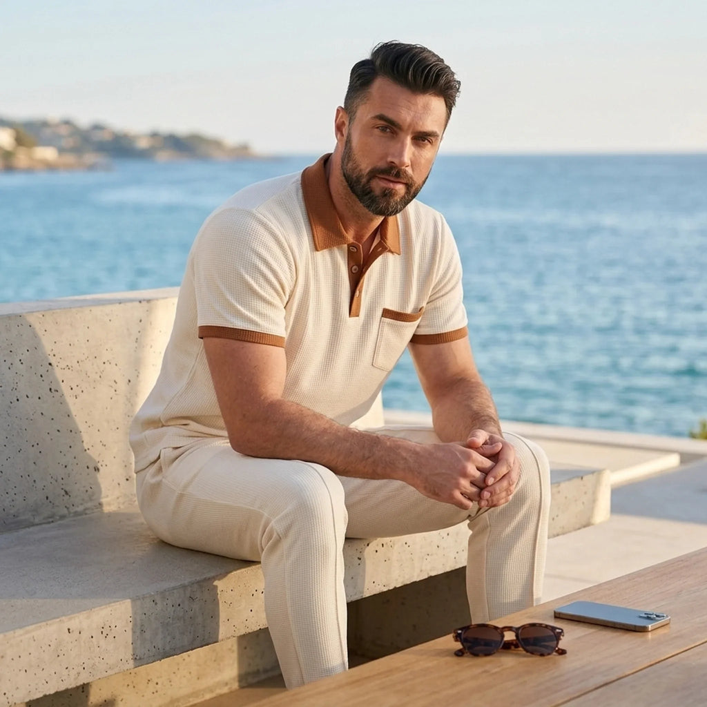Mens Pant & Polo Waffle Knit 2-Piece Set Straight Leg – Borten