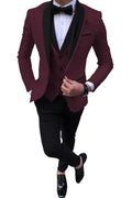 Model wearing slim-fit 3-piece shawl lapel suit in burgundy – TARLANO