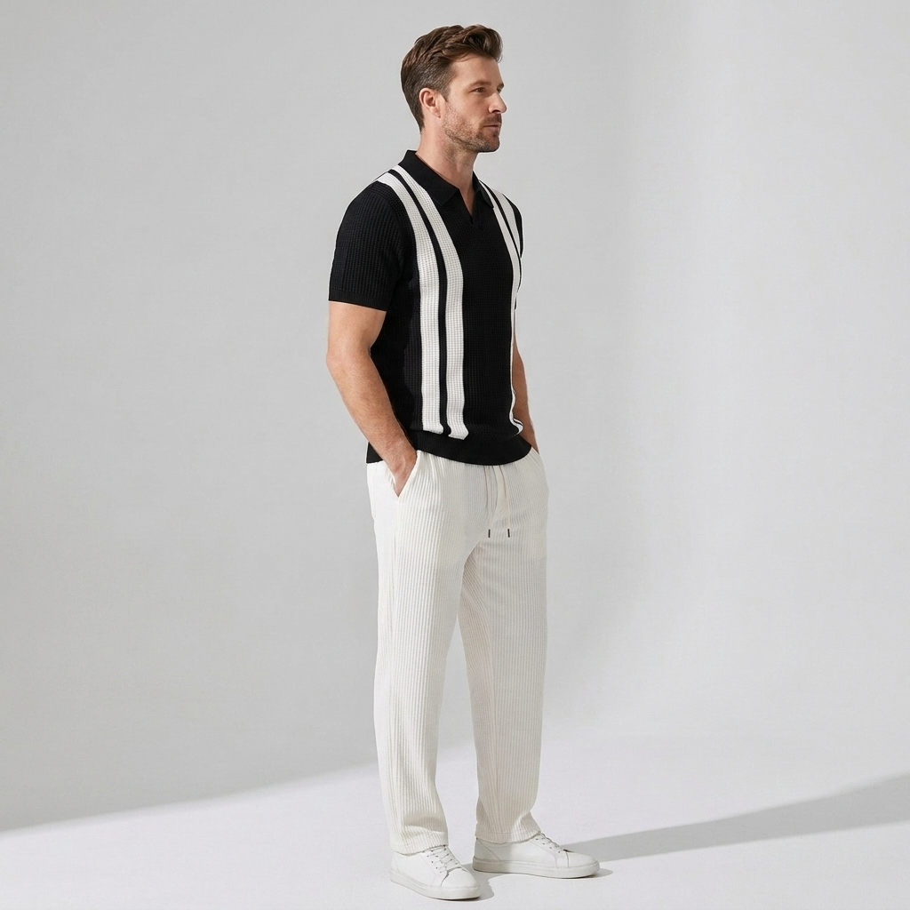 Mens Pant & Striped Knit Polo Set Waffle Drawstring – Vaxo