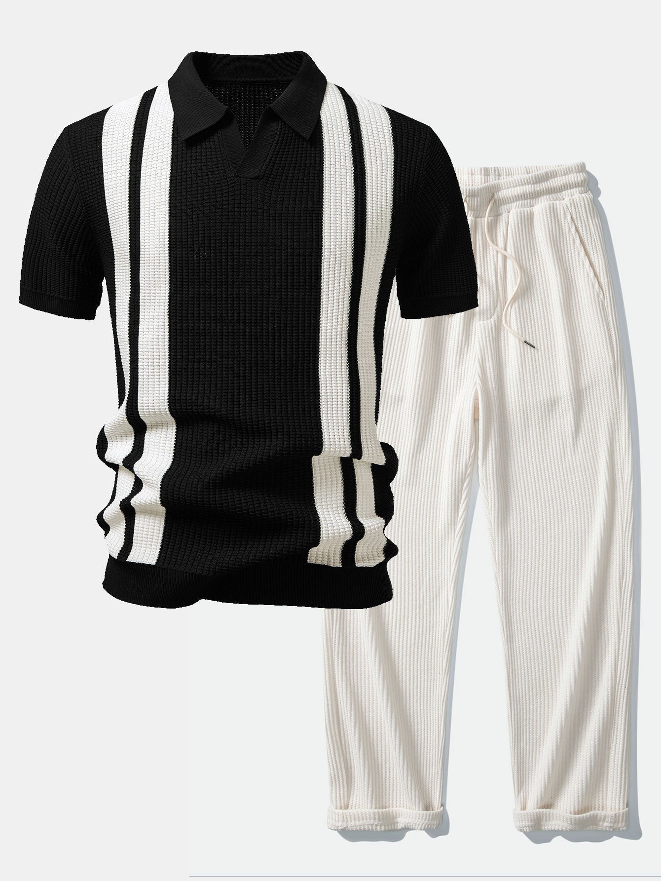 Mens Pant & Striped Knit Polo Set Waffle Drawstring – Vaxo