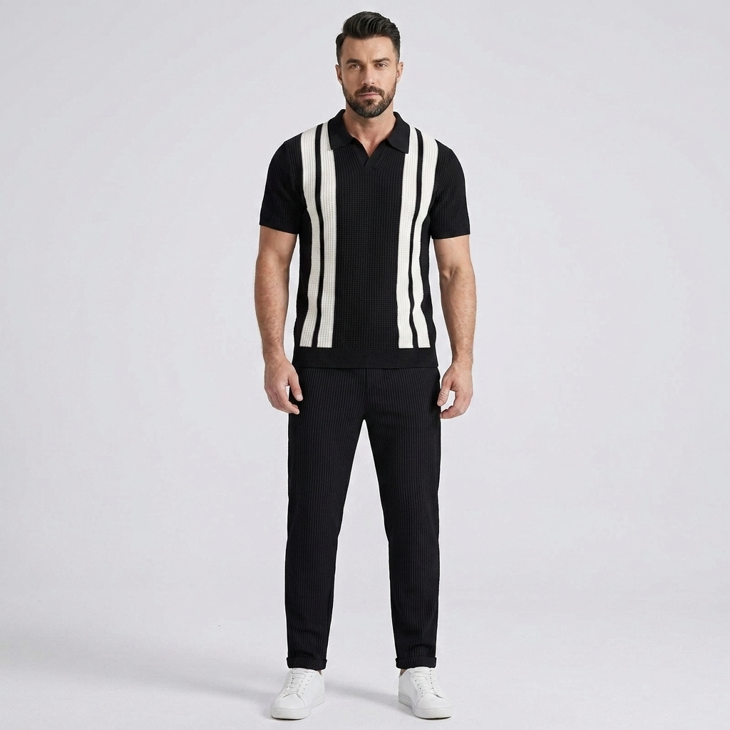 Mens Pant & Striped Knit Polo Set Waffle Drawstring – Vaxo
