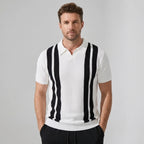 Model wearing striped knit polo and waffle pant set in beige – TARLANO