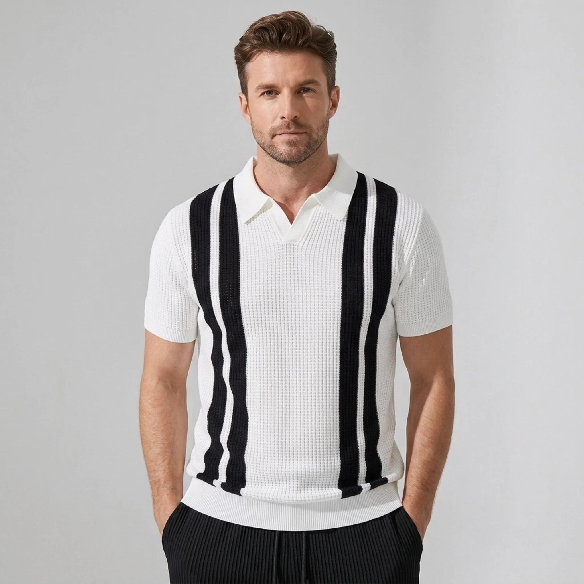 Model wearing striped knit polo and waffle pant set in beige – TARLANO