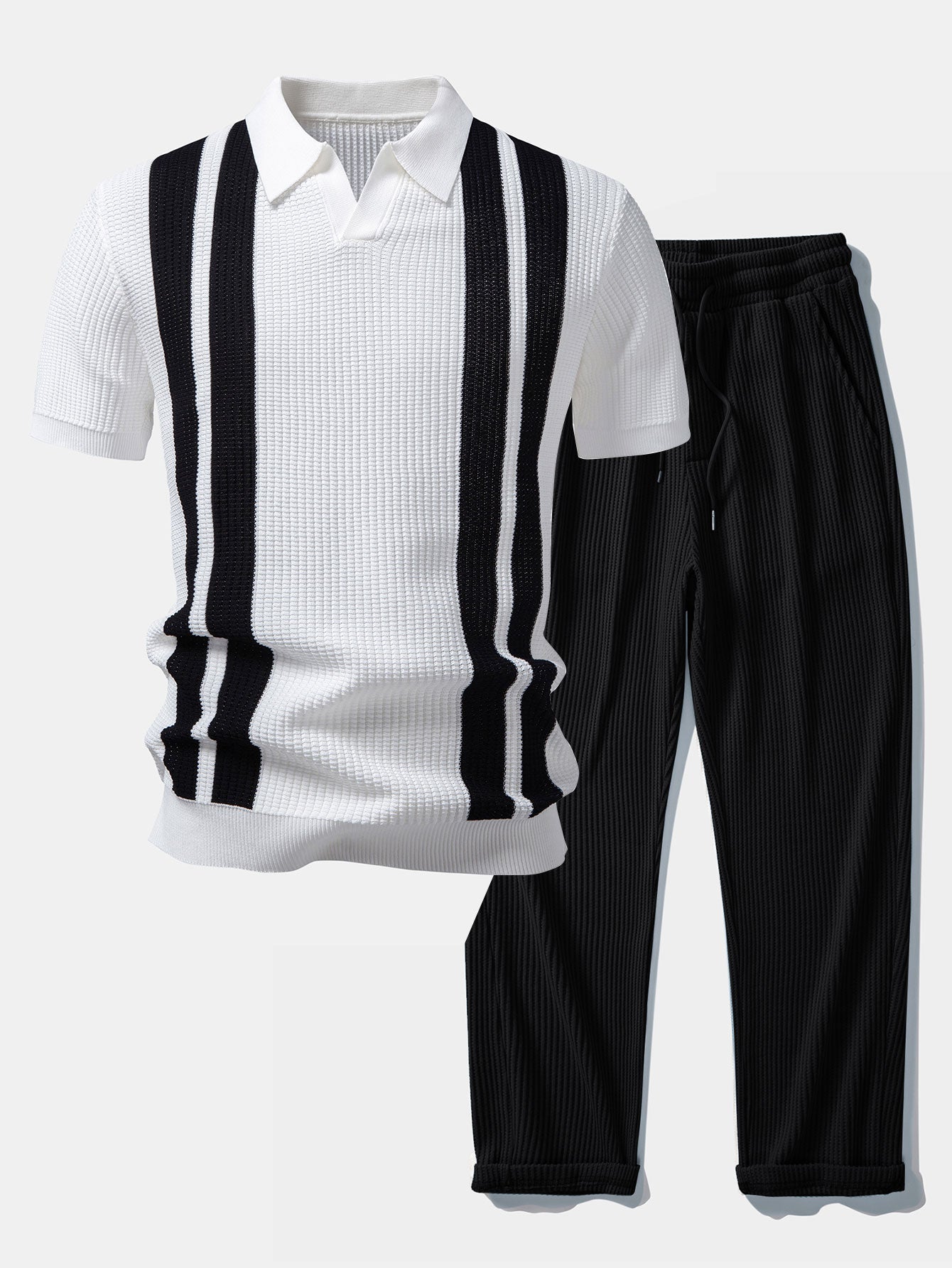 Mens Pant & Striped Knit Polo Set Waffle Drawstring – Vaxo