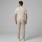 Model wearing waffle polo and tapered pant set in beige – TARLANO