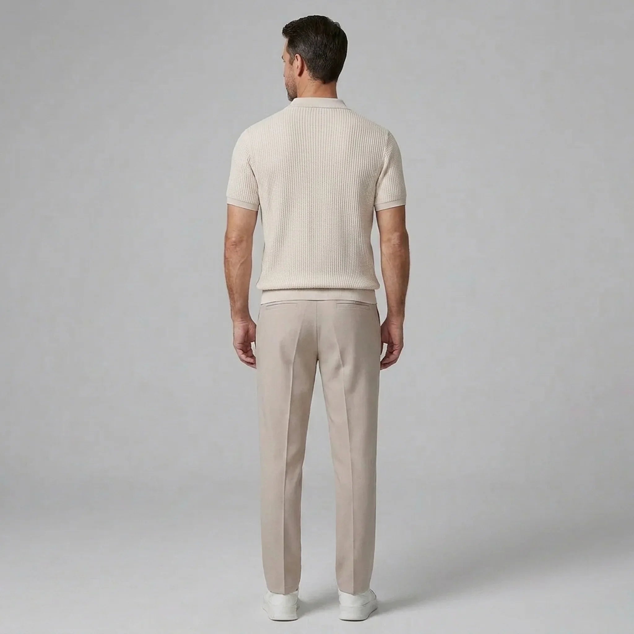 Model wearing waffle polo and tapered pant set in beige – TARLANO