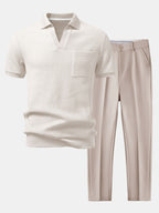 Mens Pant & Waffle Polo Set Slim Tapered 2-Piece Smart Casual – Daxel