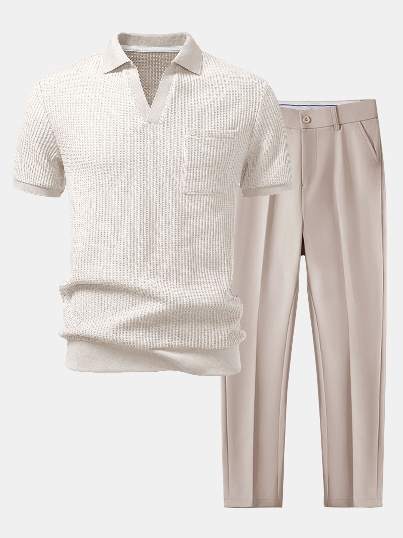 Mens Pant & Waffle Polo Set Slim Tapered 2-Piece Smart Casual – Daxel