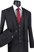 Black pinstripe 3-piece suit with peak lapel and matching vest – TARLANO