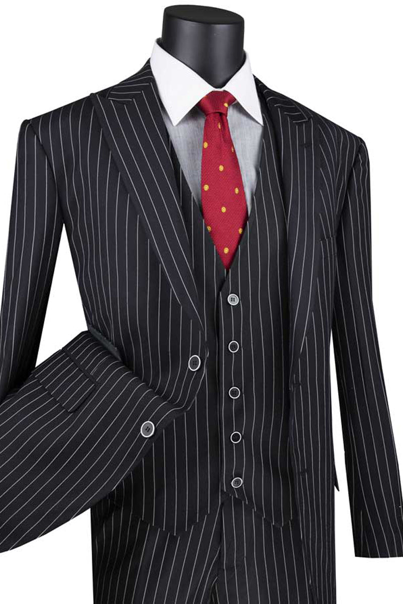 Black pinstripe 3-piece suit with peak lapel and matching vest – TARLANO