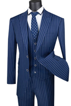 Navy chalk pinstripe three-piece suit with wide peak lapel – TARLANO