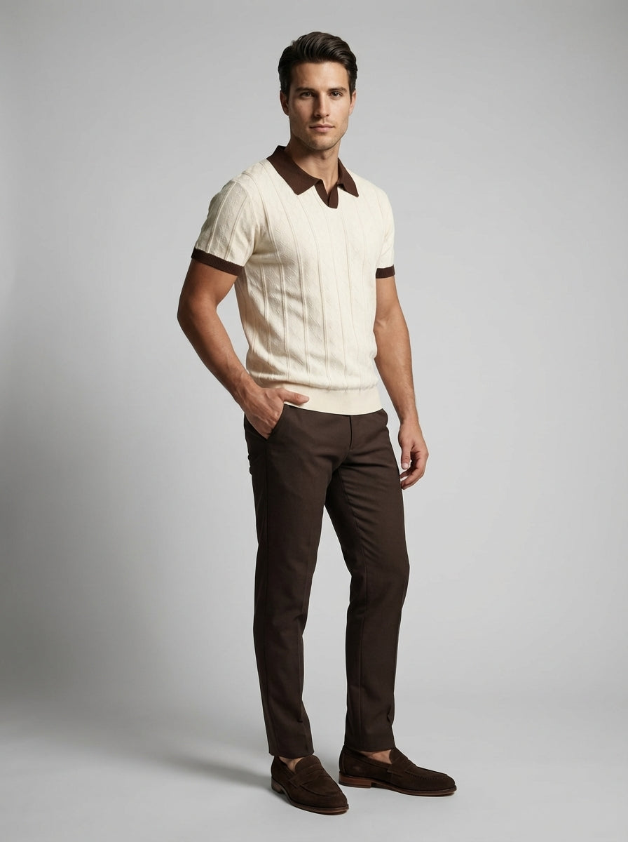 Model wearing cable knit polo in cream and brown – TARLANO