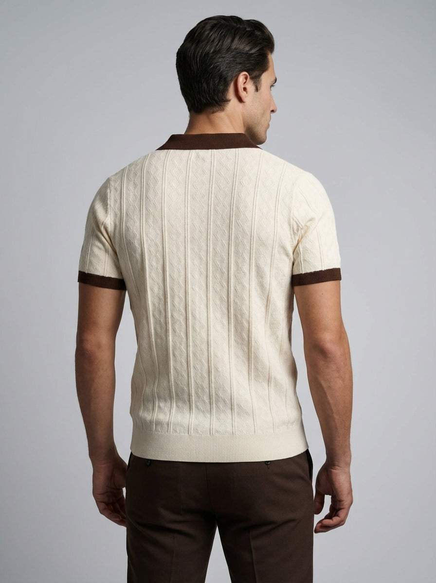 Mens Polo Cable Knit Contrast Trim Short Sleeve Cream Brown – Everton