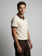 Mens Polo Cable Knit Contrast Trim Short Sleeve Cream Brown – Everton