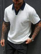 Close-up contrast binding detail on knit polo shirt in black – TARLANO