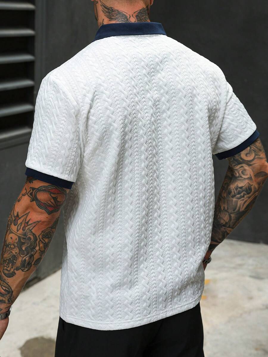 Model wearing knit contrast binding polo shirt in black – TARLANO